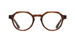 Front view round flat topped polished brown cellulose acetate Ahlem Eyewear spectacle frame