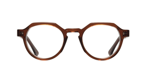 
                
                    Load image into Gallery viewer, Front view round flat topped polished brown cellulose acetate Ahlem Eyewear spectacle frame
                
            