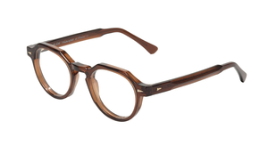 Side view of brown, semi-transparent polished acetate rounded, flat topped, geometrical Ahlem Eyewear glasses